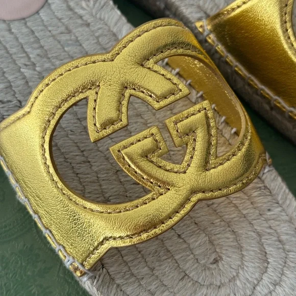 size 37G - Gucci Espadrille Gold GG cutout slide sandal